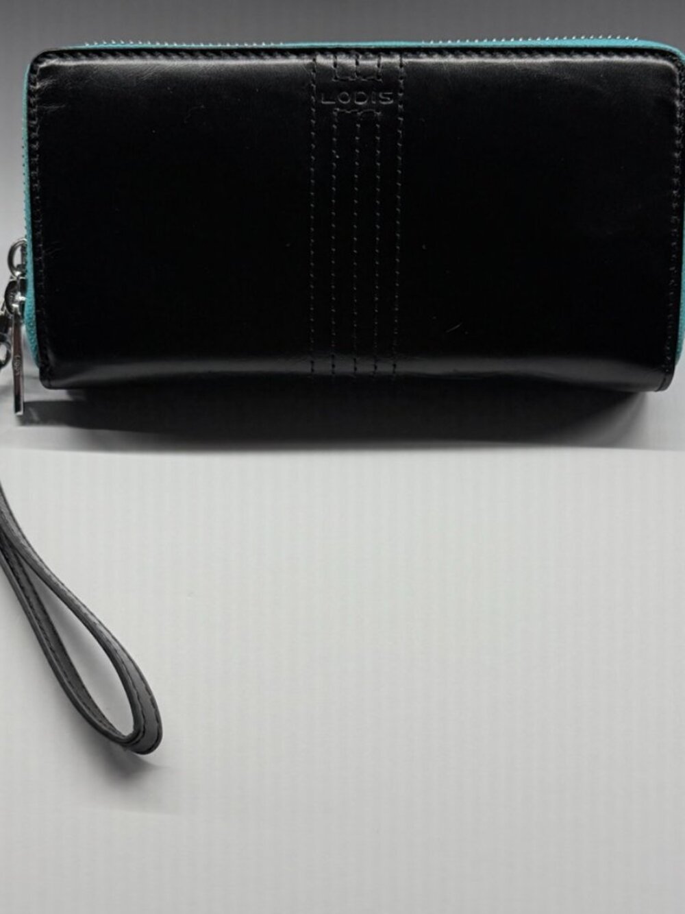 LODIS Black Leather Double Zip Wristlet Wallet Teal & Black Silver Hardware NWT - Picture 10 of 14